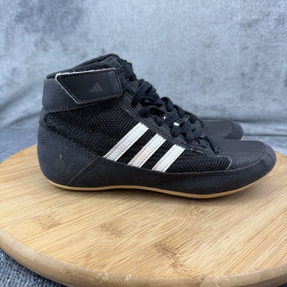Adidas HVC 2 Shoes Boys Size 2 Black White High Top Wrestling Sneakers AQ3327